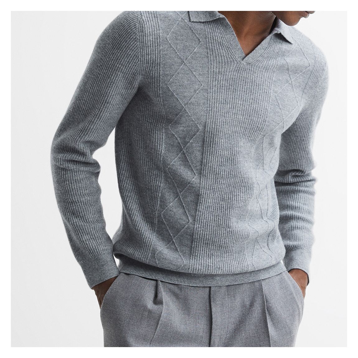 Grey Malik Open Collar Ribbed Polo Shirt main product photo