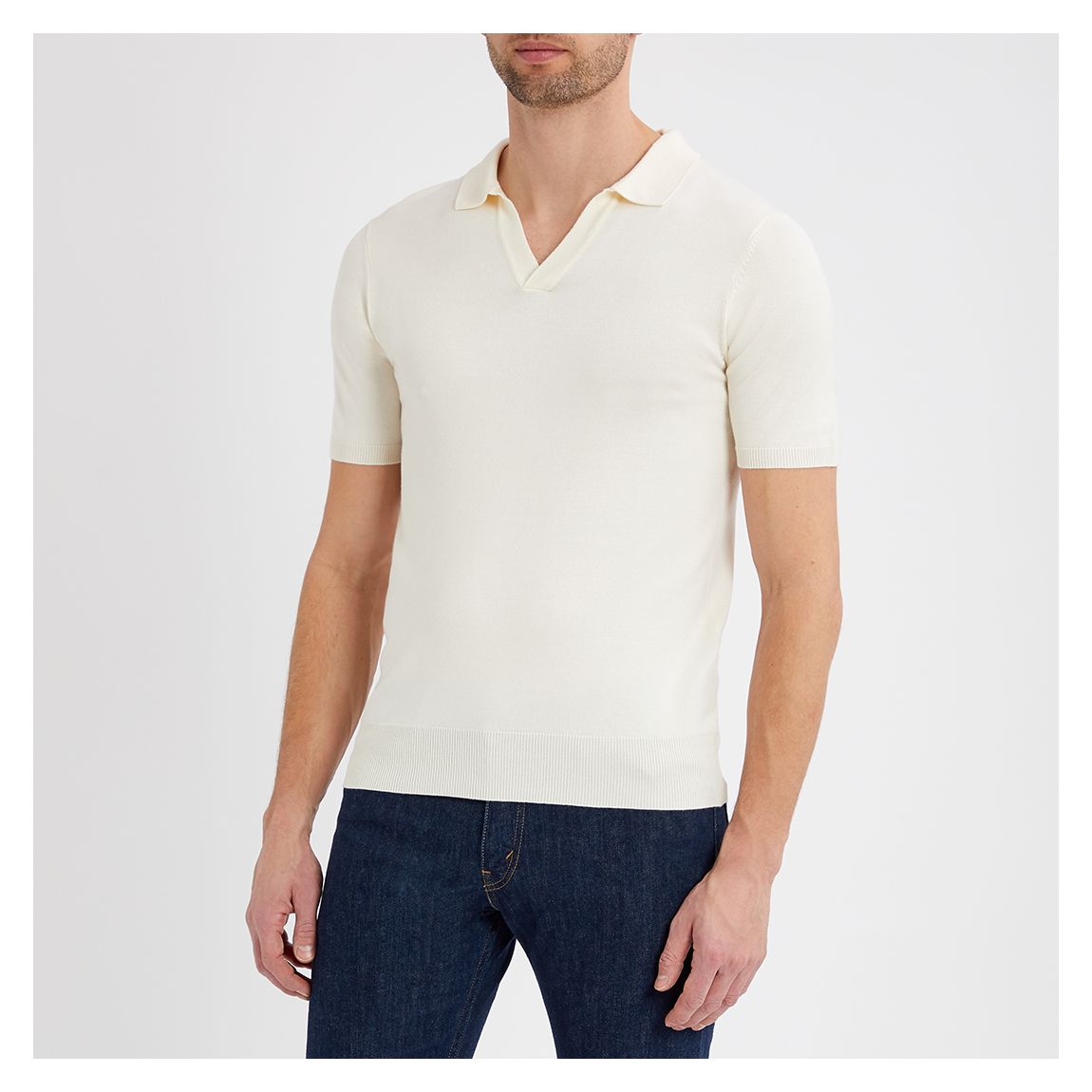 Ecru Open Neck Knit Polo Shirt main product photo