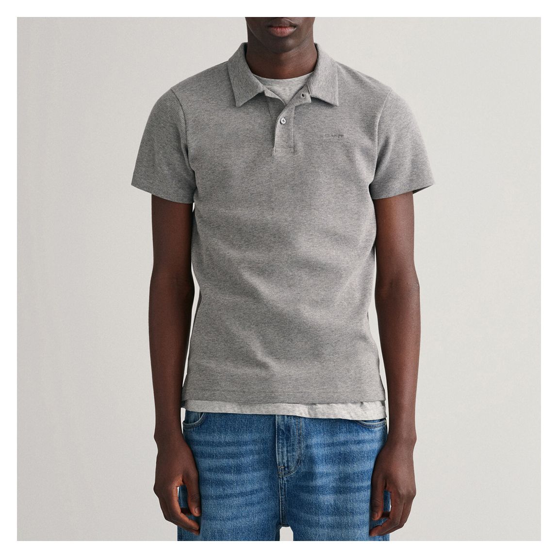 Grey Waffle Texture Pique Cotton Blend Polo Shirt main product photo