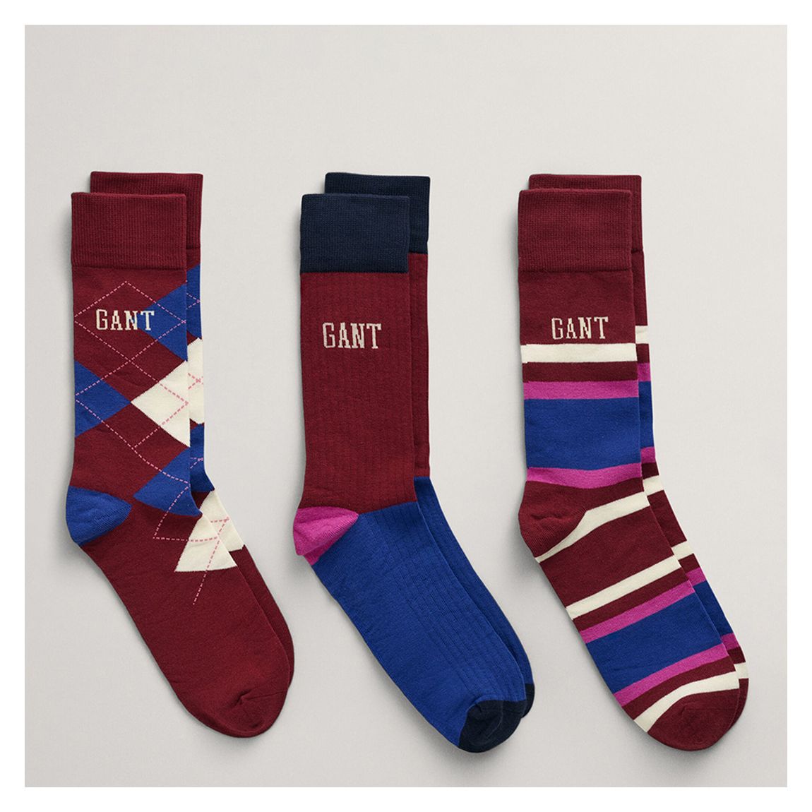 Burgundy/Blue Argyle Stripe 3-Pack Socks main product photo