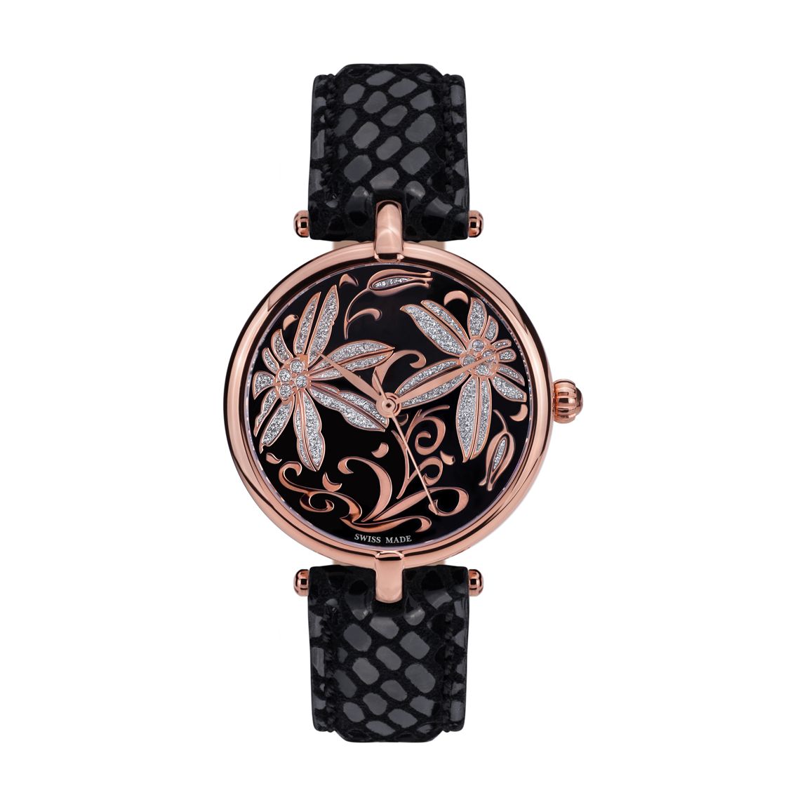 Women's Black/Rose Gold Leather/Crystal Fleurs Volantes Watch main product photo