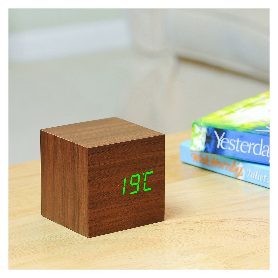Walnut Cube Click Clock with Green LED main product photo