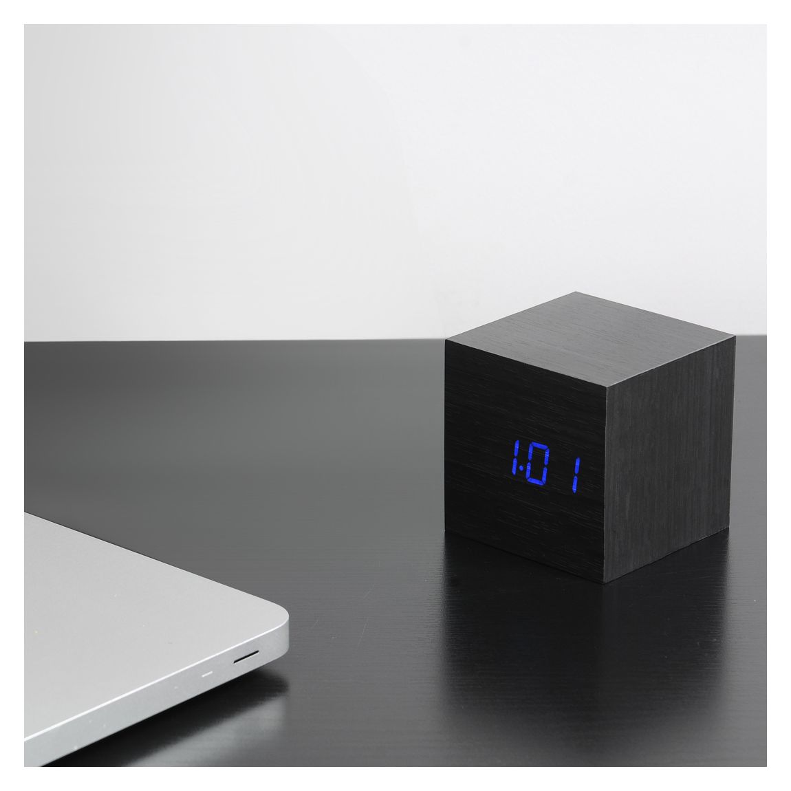 Black Cube Click Clock with Blue LED main product photo