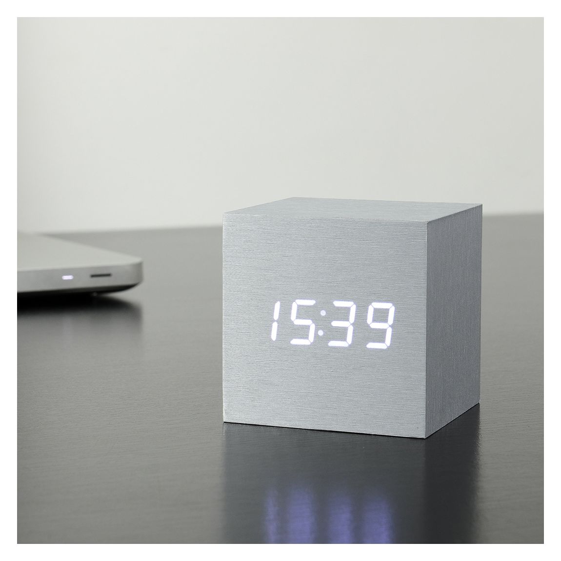 Aluminium Cube Click Clock with White LED main product photo