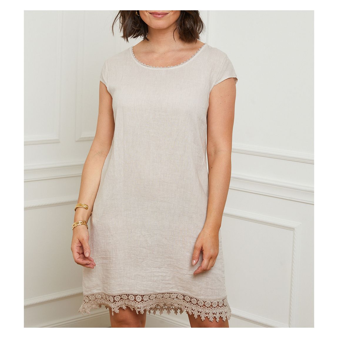 Beige Lace Trim Linen Dress main product photo