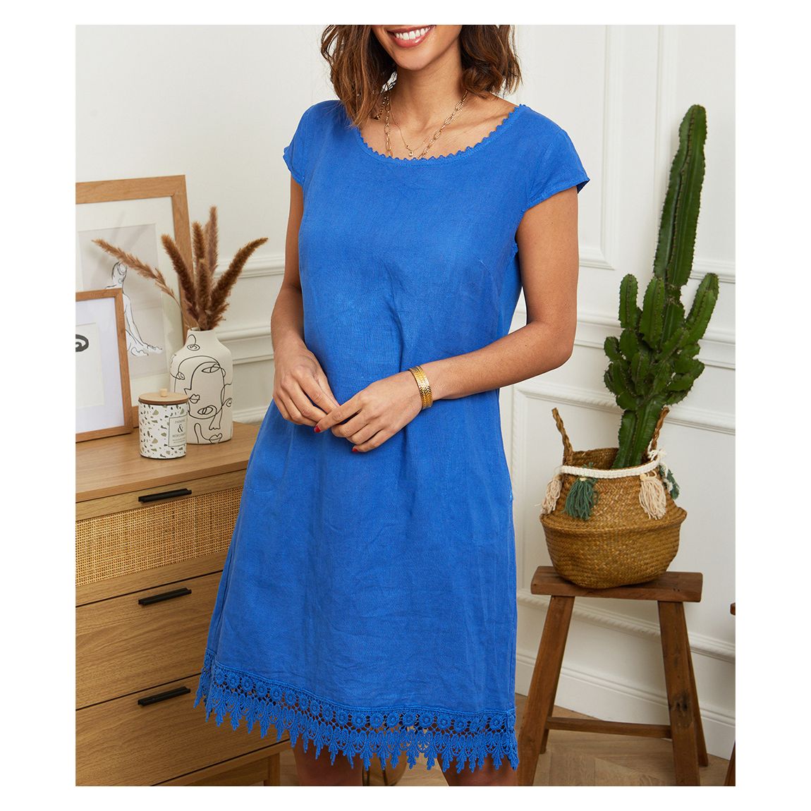 Royal Blue Lace Trim Linen Dress main product photo