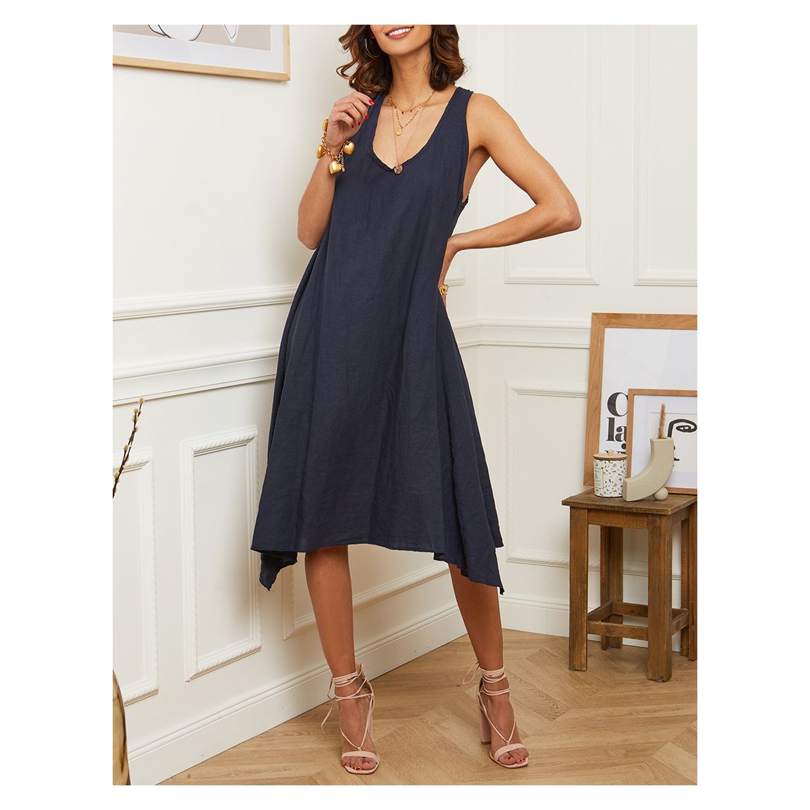 Navy Scoop Neck Linen Dress main product photo