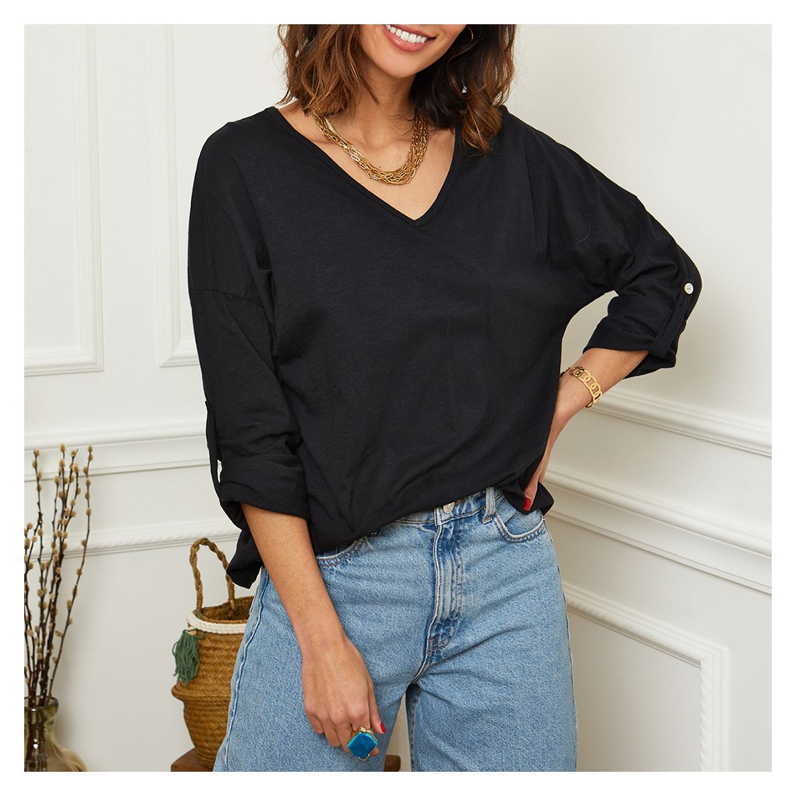 Black V Neck Linen Top main product photo