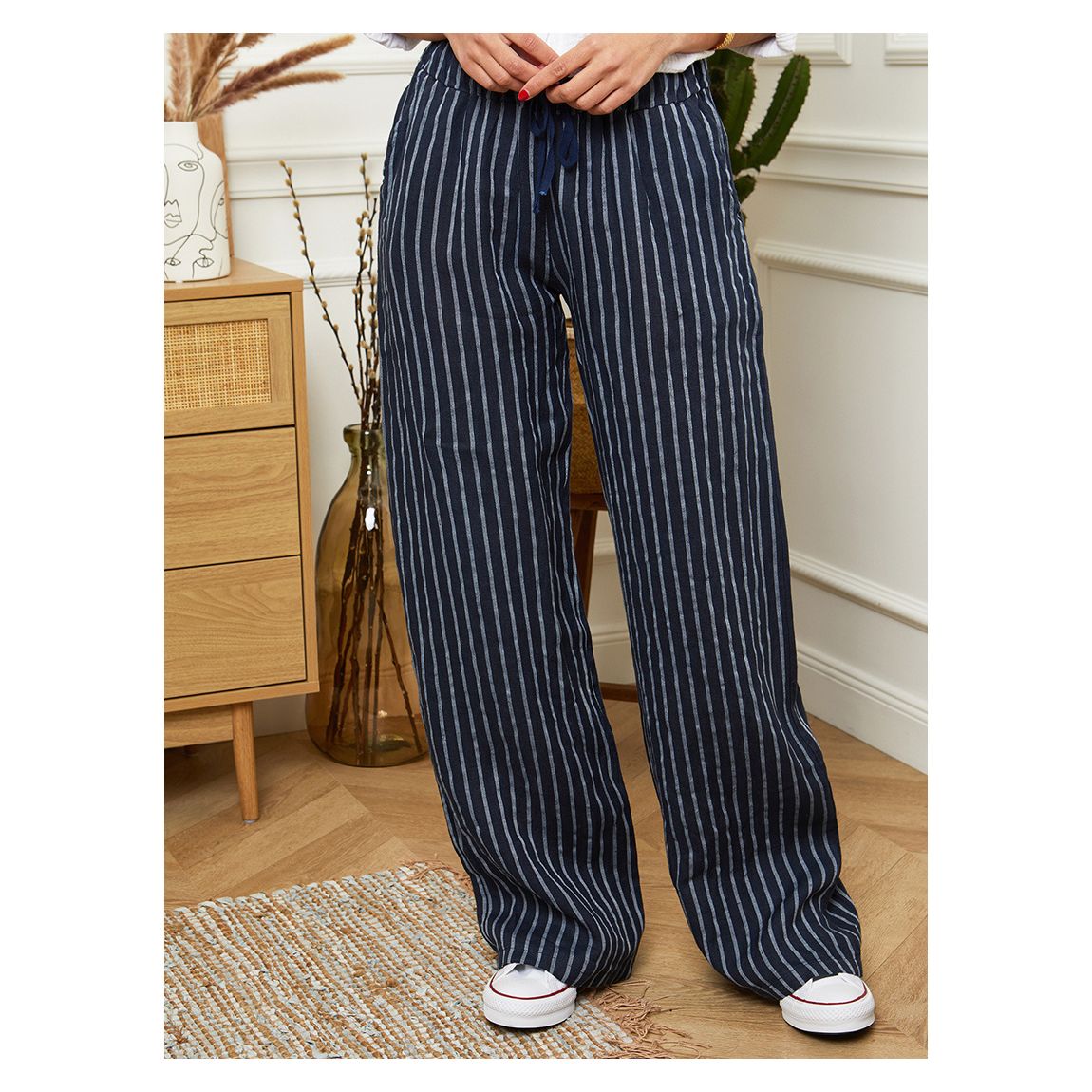 Navy Stripe Wide Linen Trousers main product photo