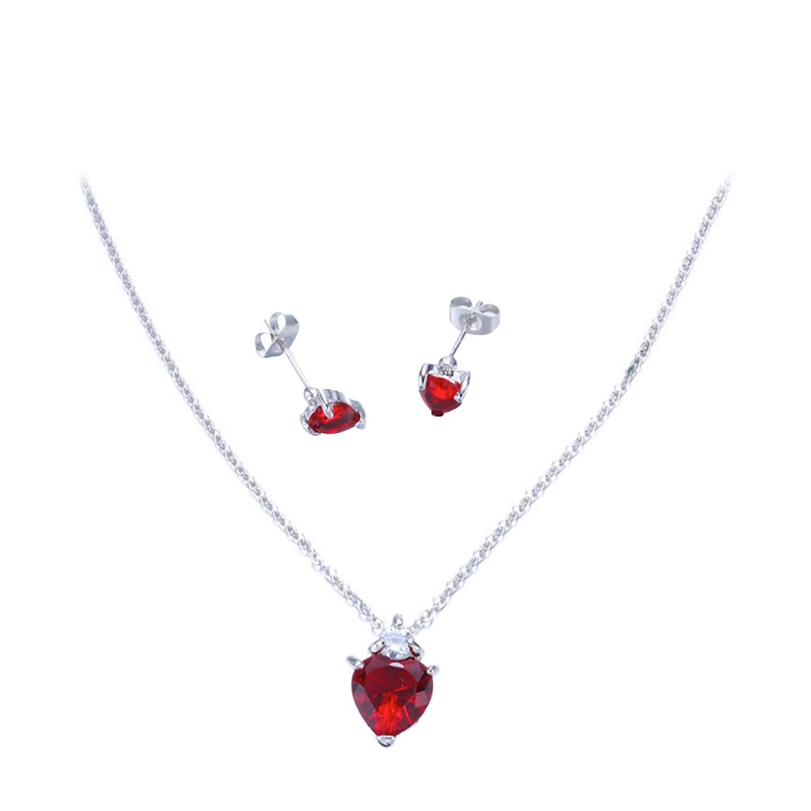 Silver Plated Ruby Heart Necklace And Earrings Set with Swarovski Crystals main product photo