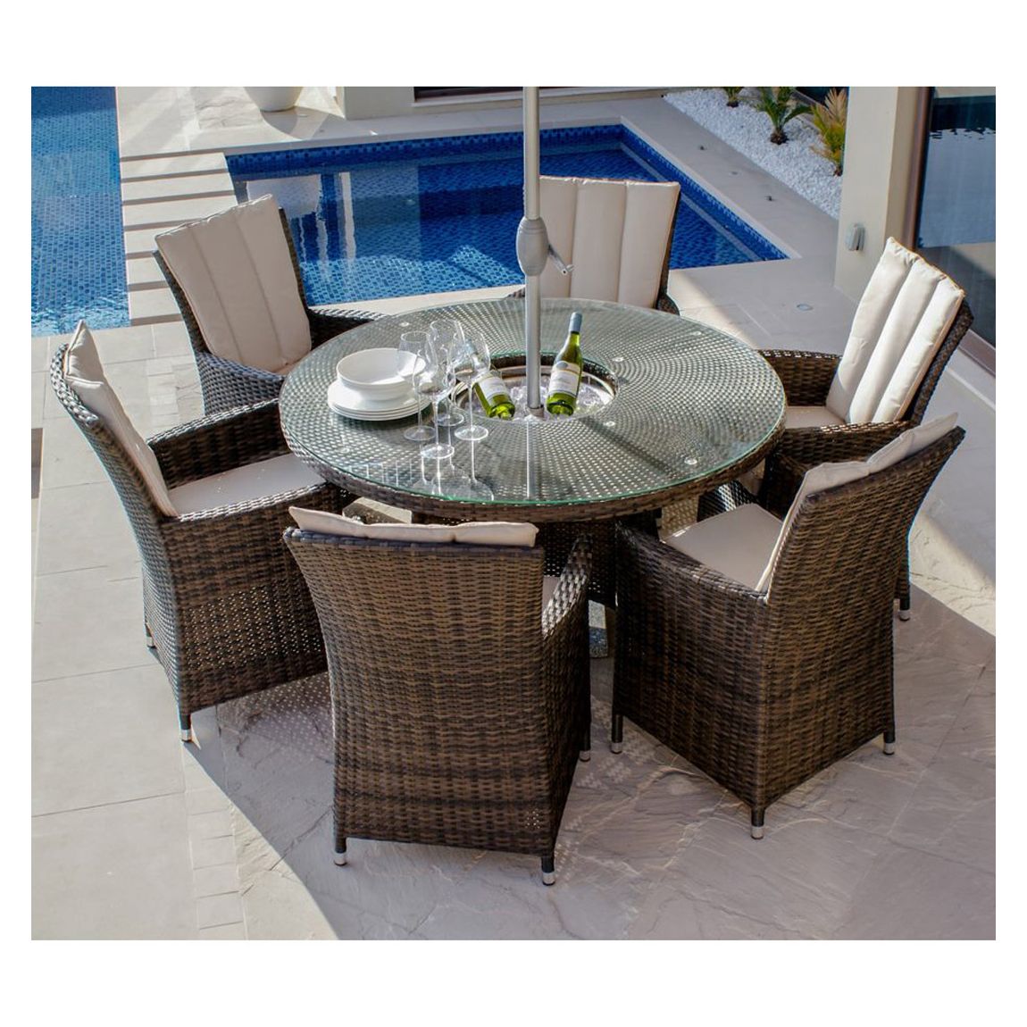 LA 6 Seat Round Ice Bucket Dining Set with Lazy Susan / Brown main product photo