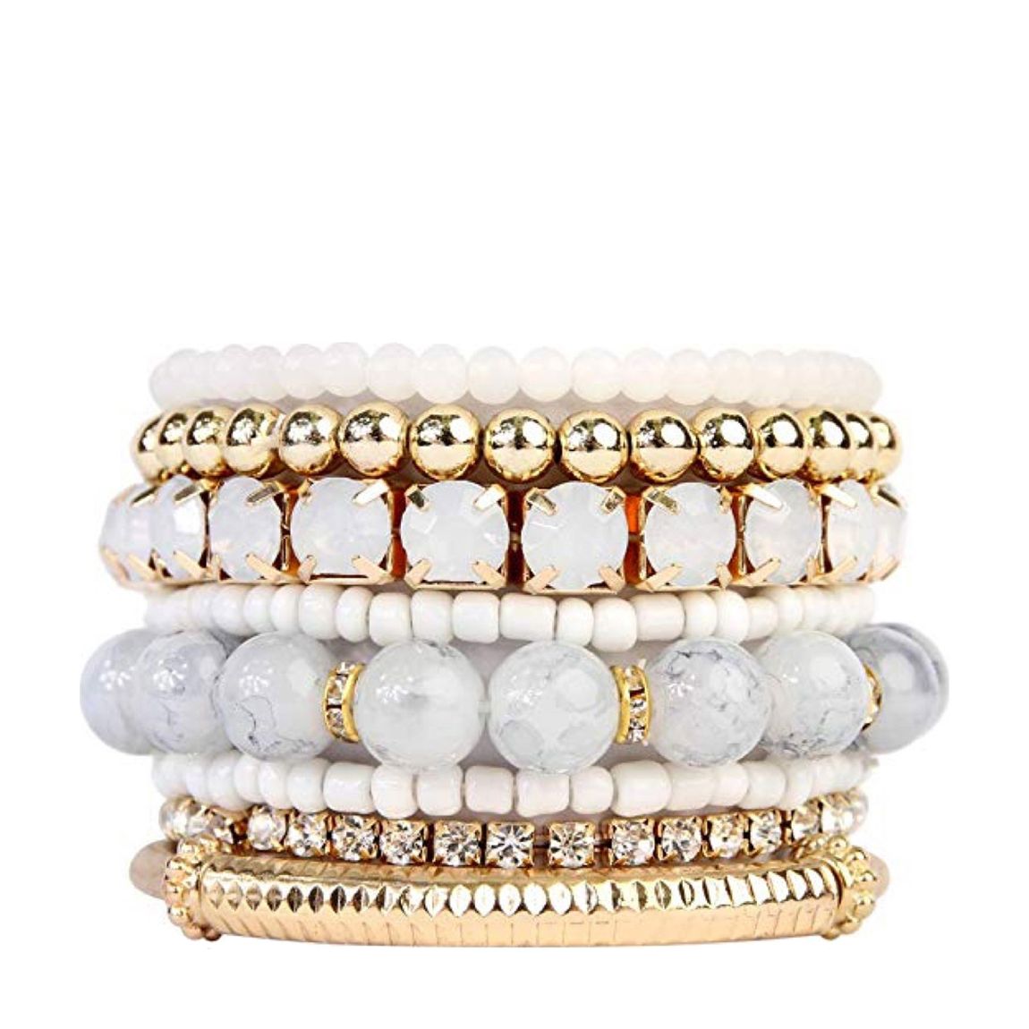 18K Gold Plated Multi White Bead & Crystal Bracelet Set main product photo