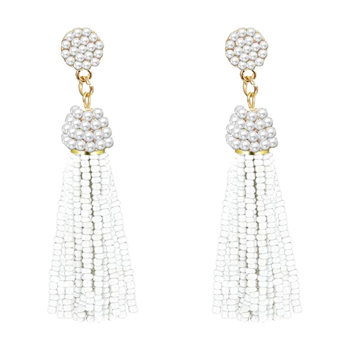 18K Gold Plated White Bead Tassel Statement Earrings main product photo