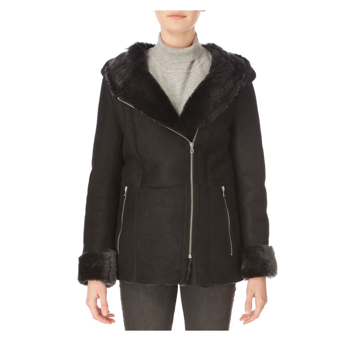 Black Mid Length Hooded Merino Sheepsin Jacket main product photo