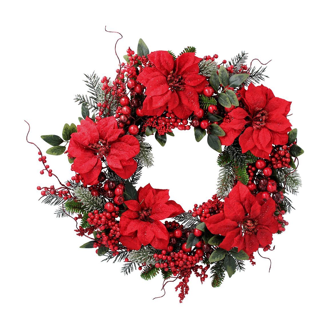 Fir Wreath with Red Poinsettia/Berries, 60cm main product photo