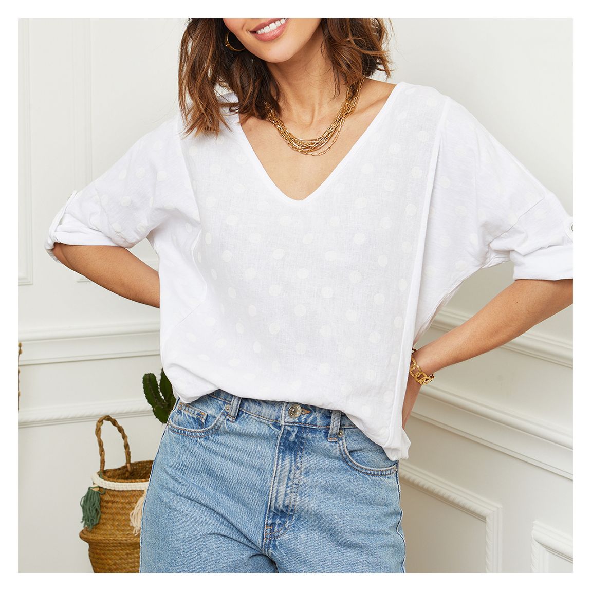 White Polka Dot Linen Shirt main product photo