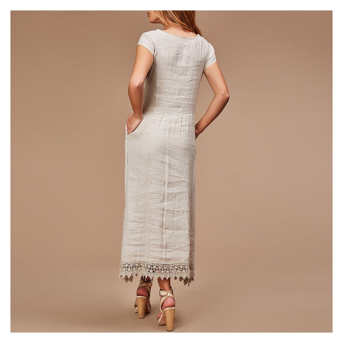 Beige Short Sleeve Linen Dress main product photo