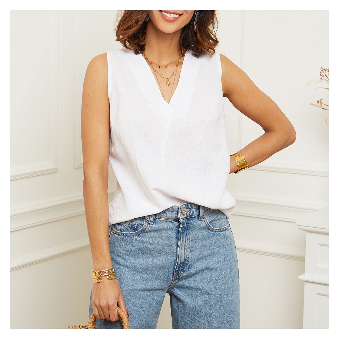 White Relaxed Linen Top main product photo