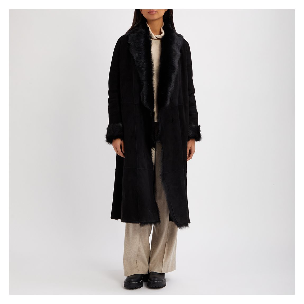 Black Longline 3/4 Shearling Coat main product photo