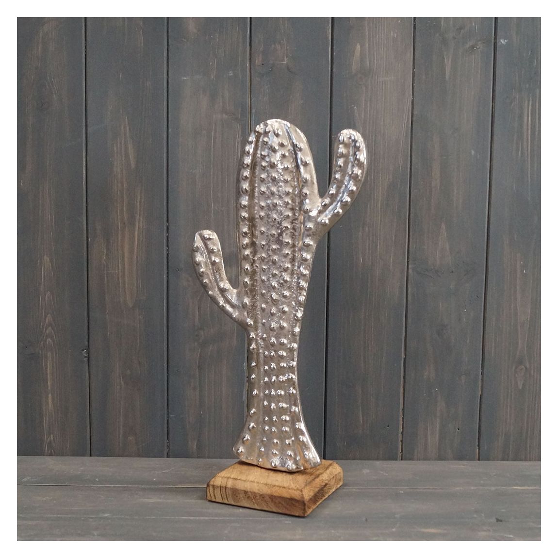 Large aluminium cactus on wooden base main product photo