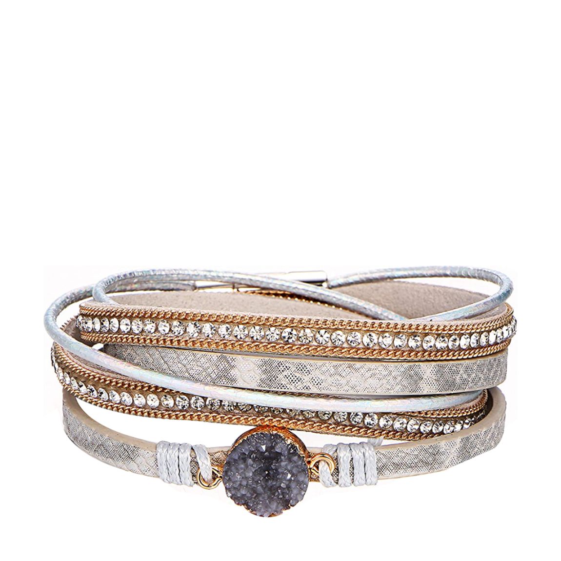 18K Gold Plated Grey Druzy & Crystal Wrap Leather Bracelet main product photo