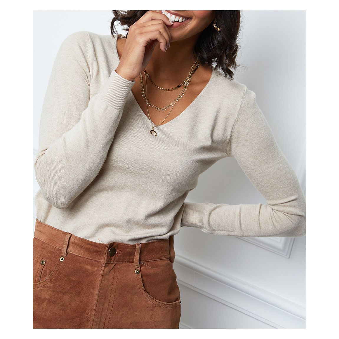 Beige V-Neck Cashmere Blend Jumper main product photo