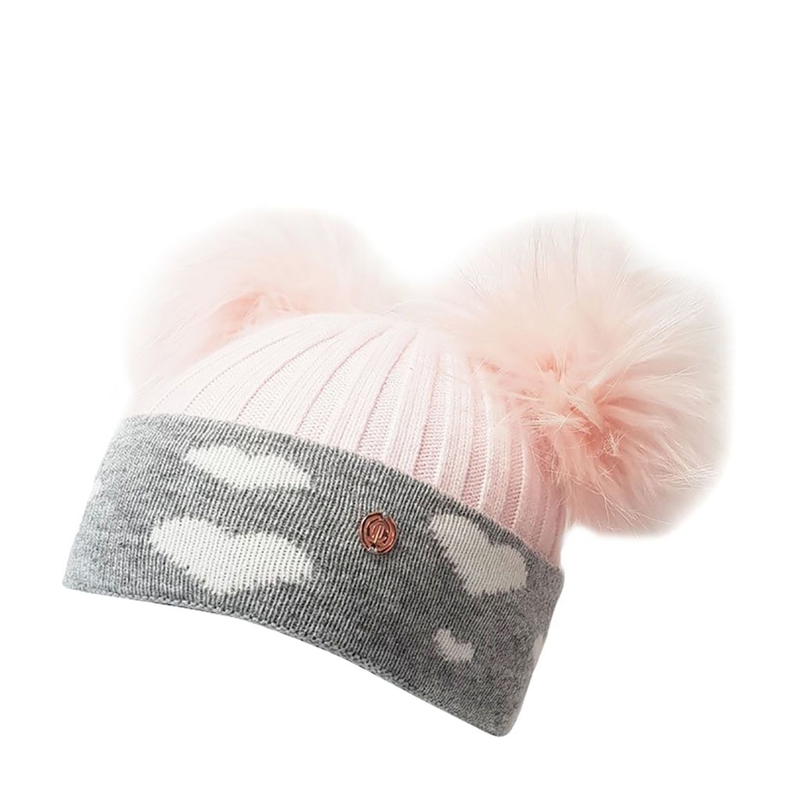 Kids Pink/Grey Hearts Cashmere Pom Pom Beanie Hat main product photo