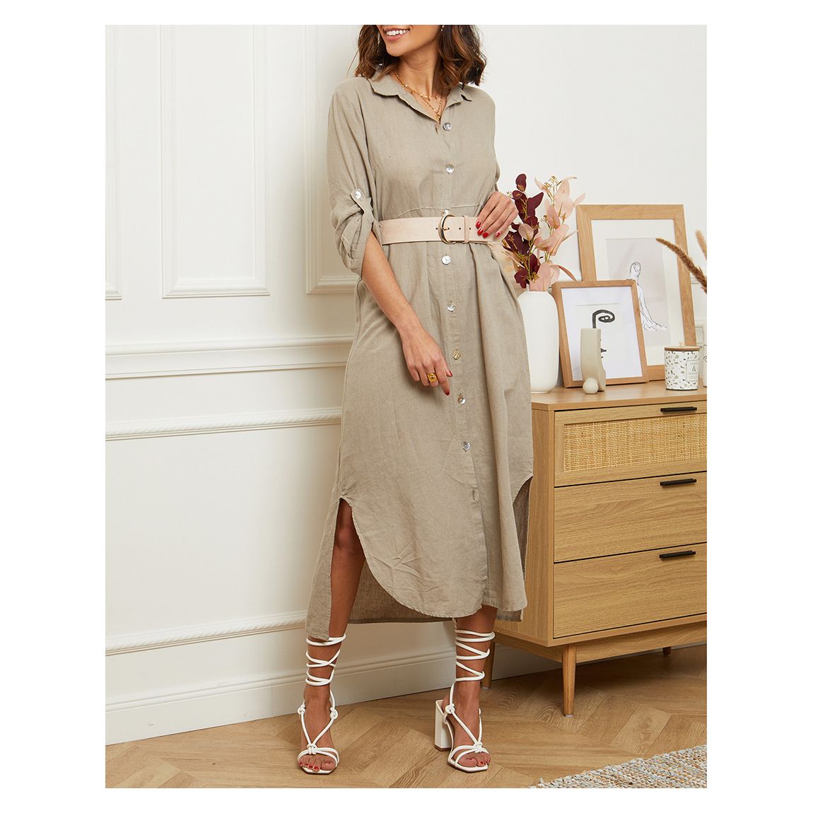 Taupe Roll Sleeve Linen Dress main product photo
