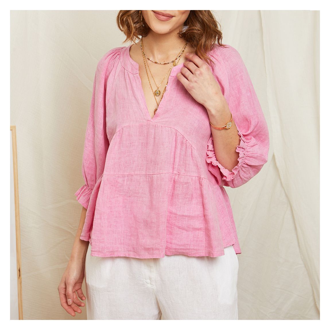 Pink Blouson Linen Blouse main product photo