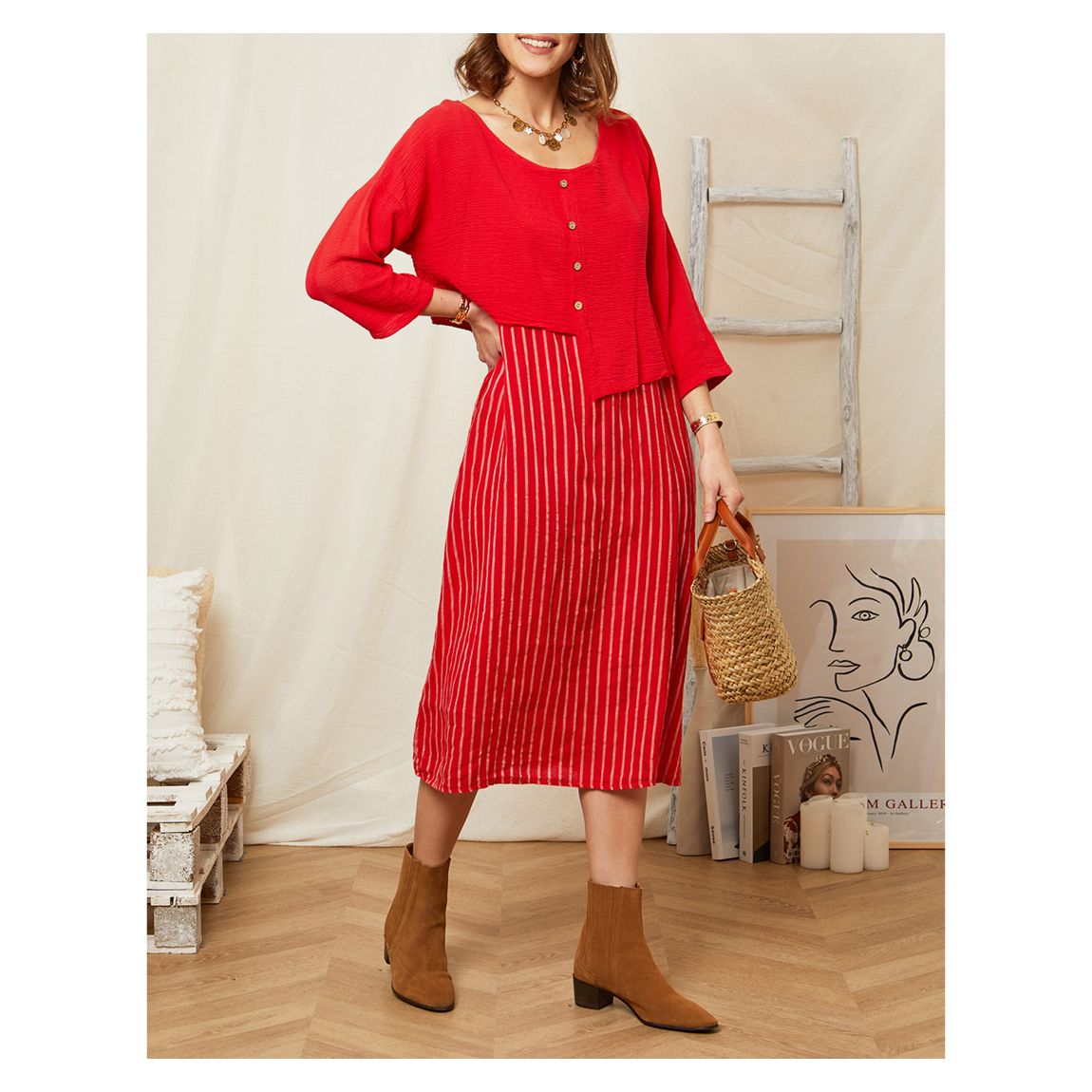 Red Asymmetric Detailed Linen Dress main product photo