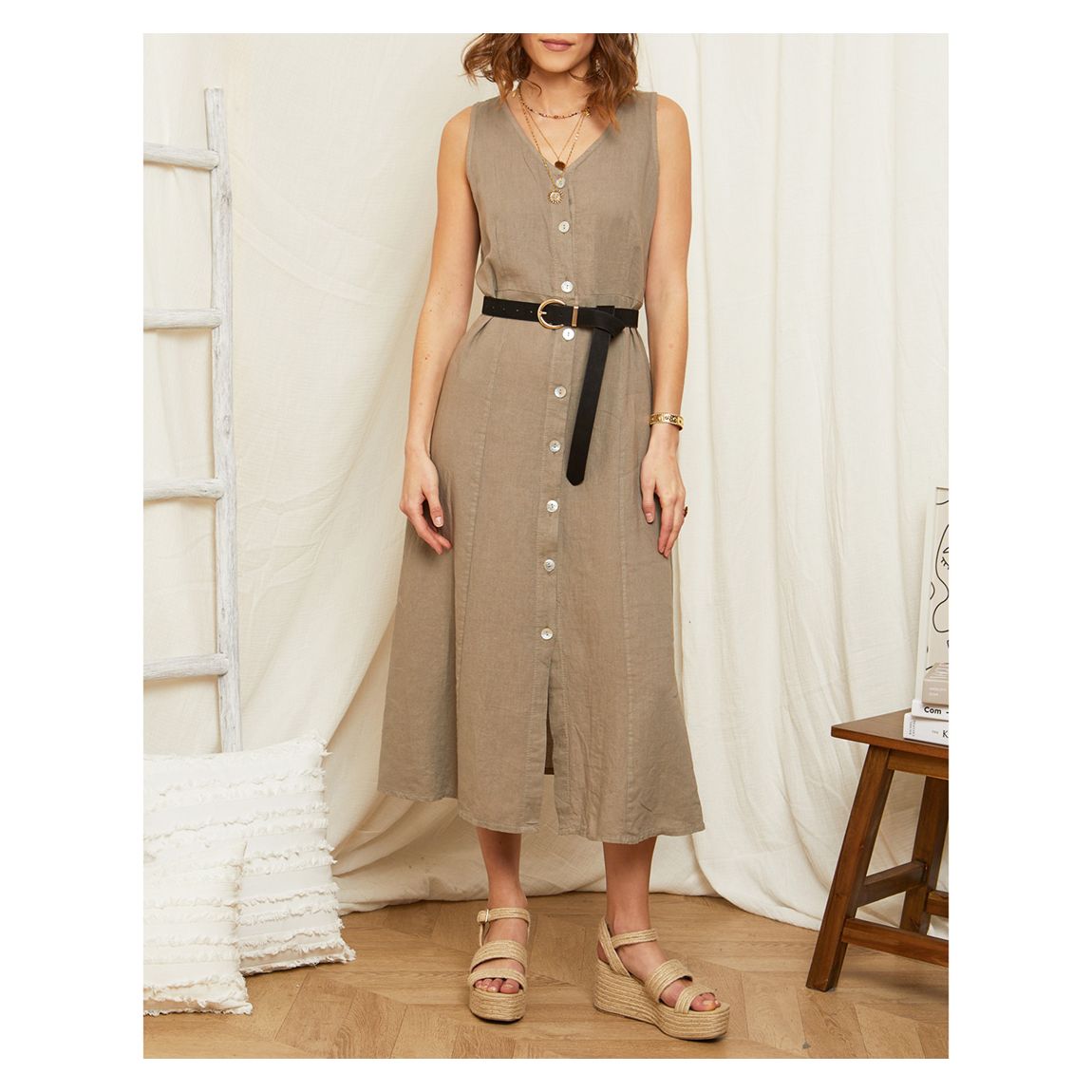 Taupe V Neck Button Through Linen Dress main product photo