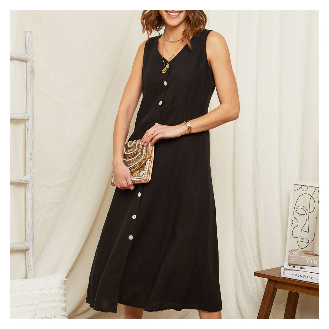Black V Neck Button Through Linen Dress main product photo