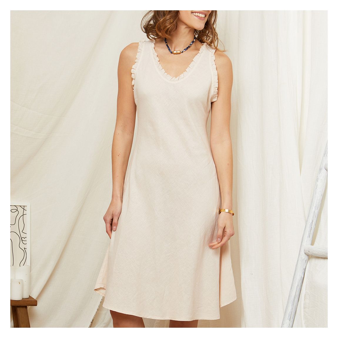 Beige Ruffle Neckline Flare Linen Dress main product photo