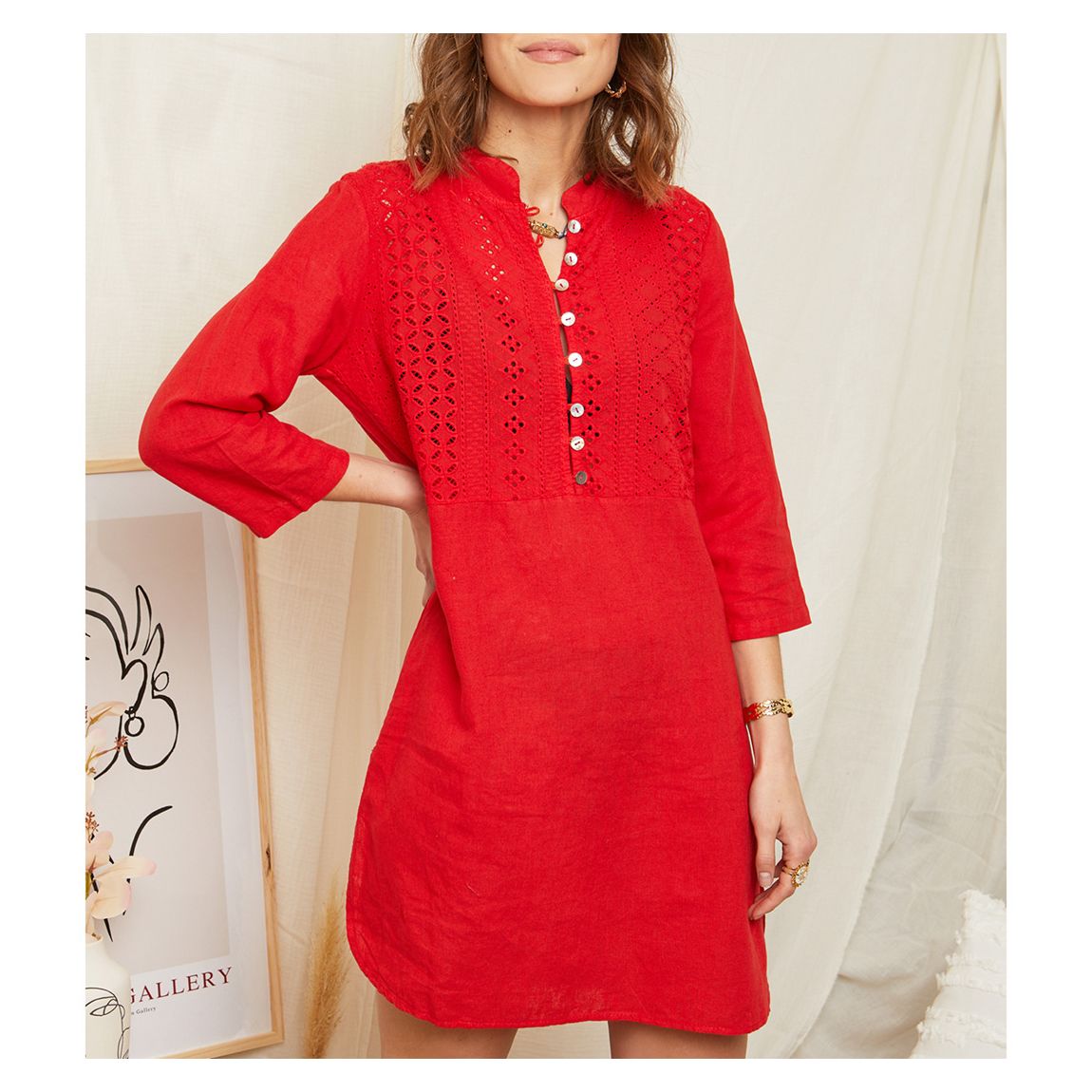 Red Patterned Linen Mini Dress main product photo