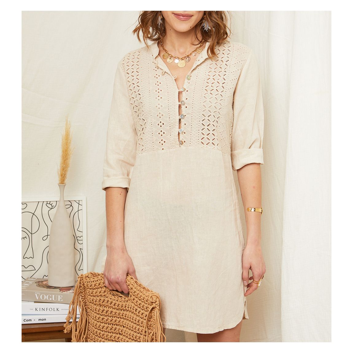 Beige Cutwork Linen Mini Dress main product photo