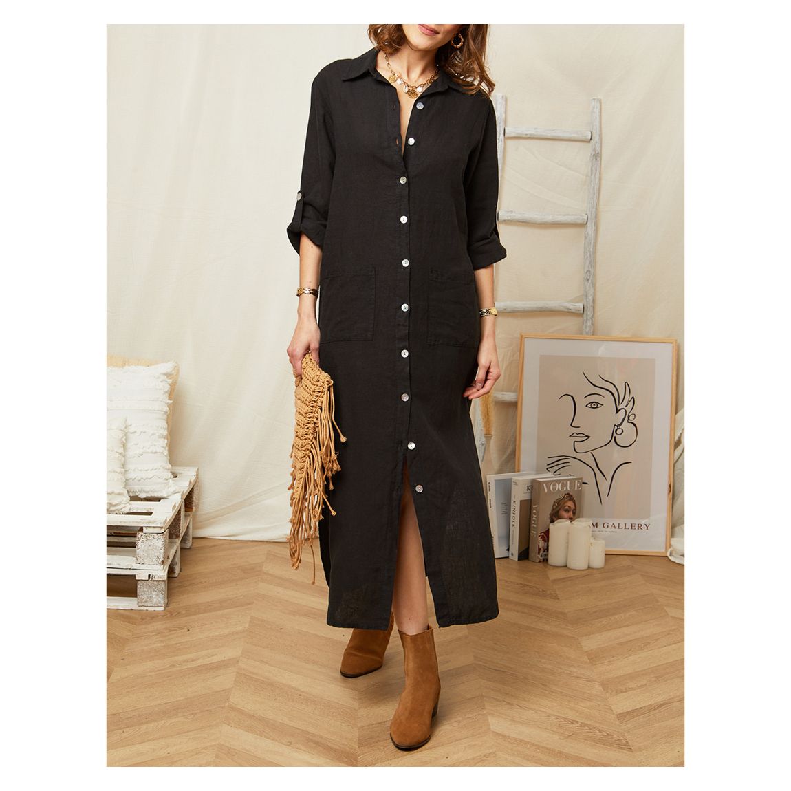 Black Button Through Linen Maxi Shirt Dress main product photo
