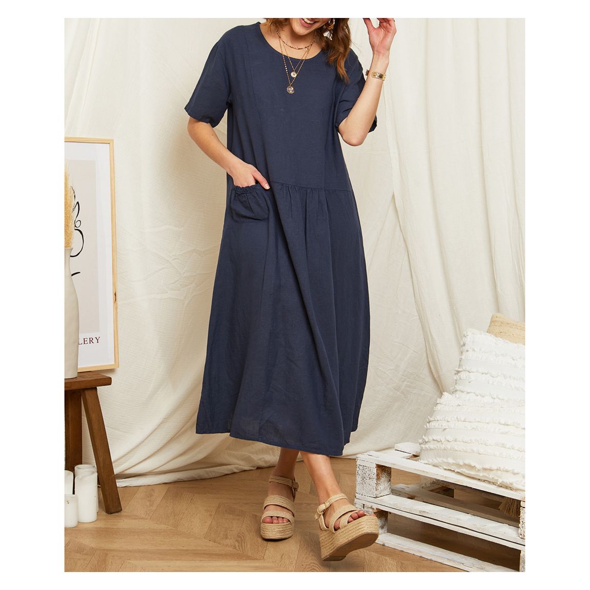 Navy Flare Linen Maxi Dress main product photo