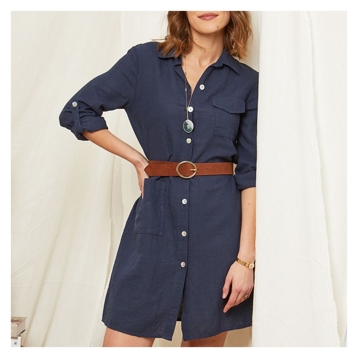 Navy Button Through Linen Shirt Dress main product photo