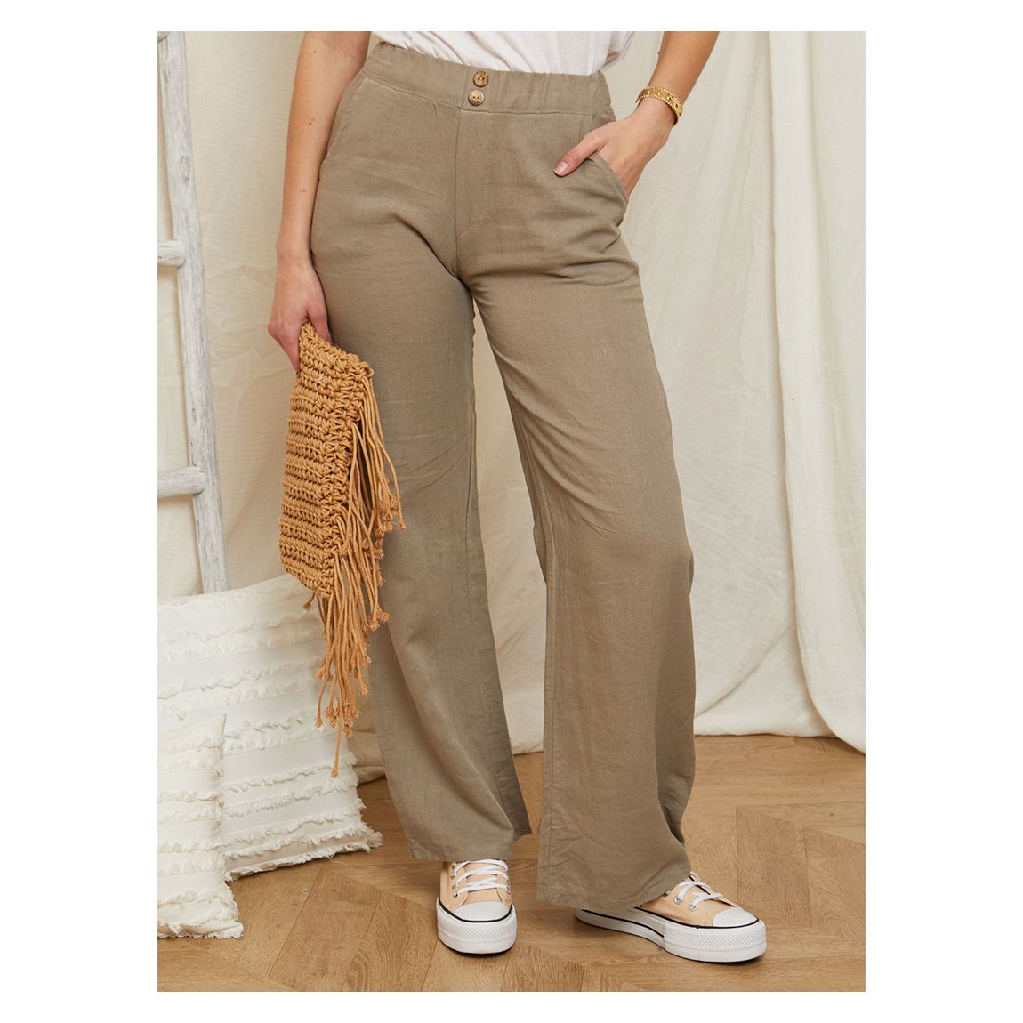 Taupe Wide Leg Linen Trouser main product photo
