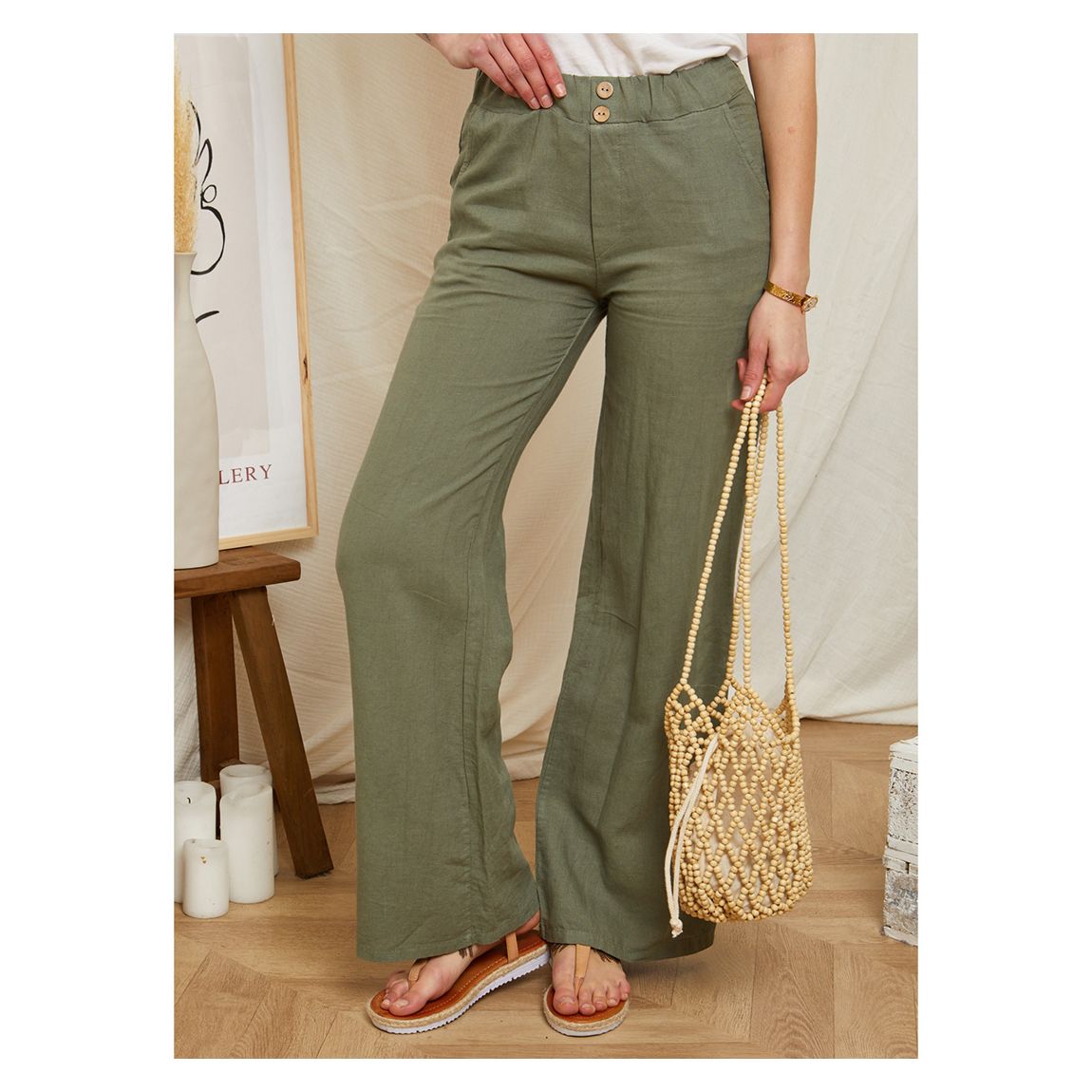 Khaki Wide Leg Linen Trouser main product photo