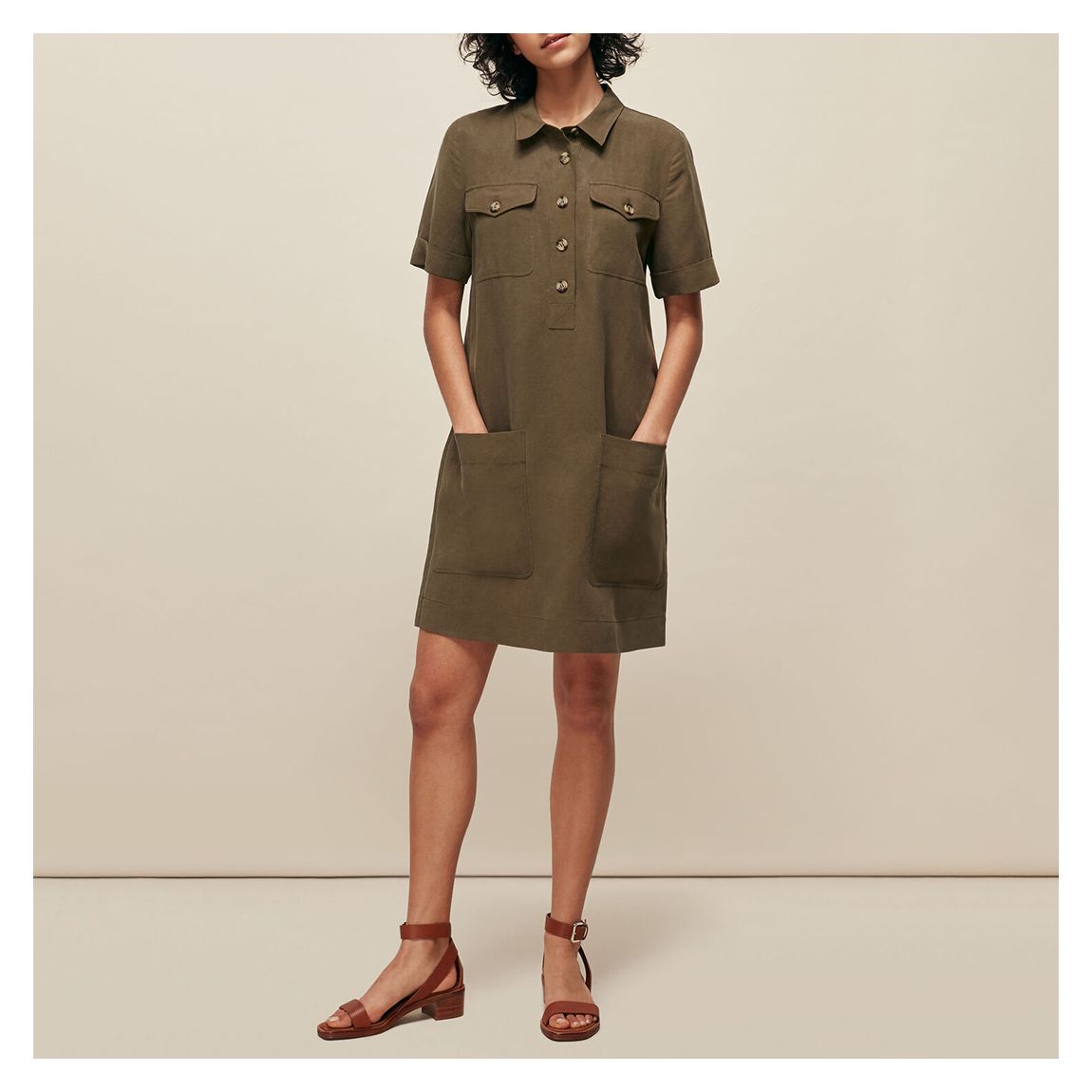 Khaki Pocket Detail Linen Mix Dress main product photo
