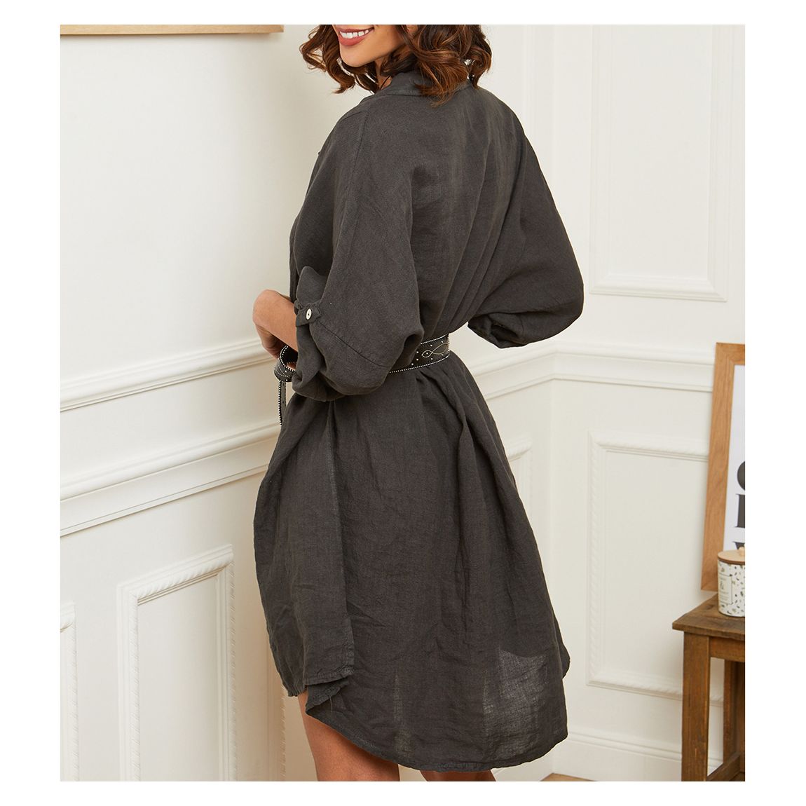 Charcoal Button Through Linen Dress main product photo