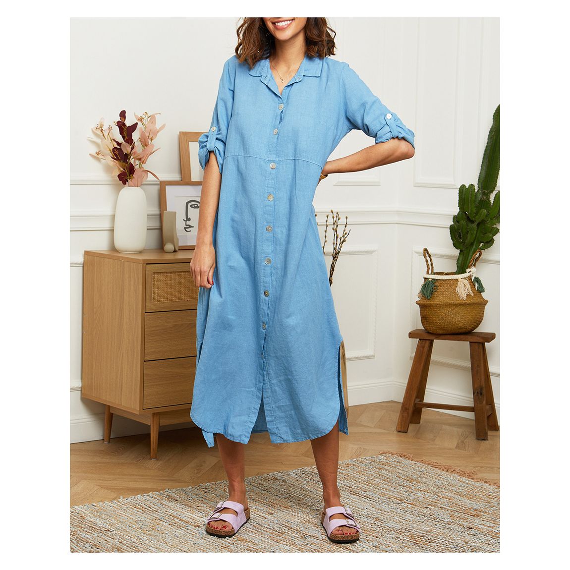 Blue Button Through Linen Dress main product photo