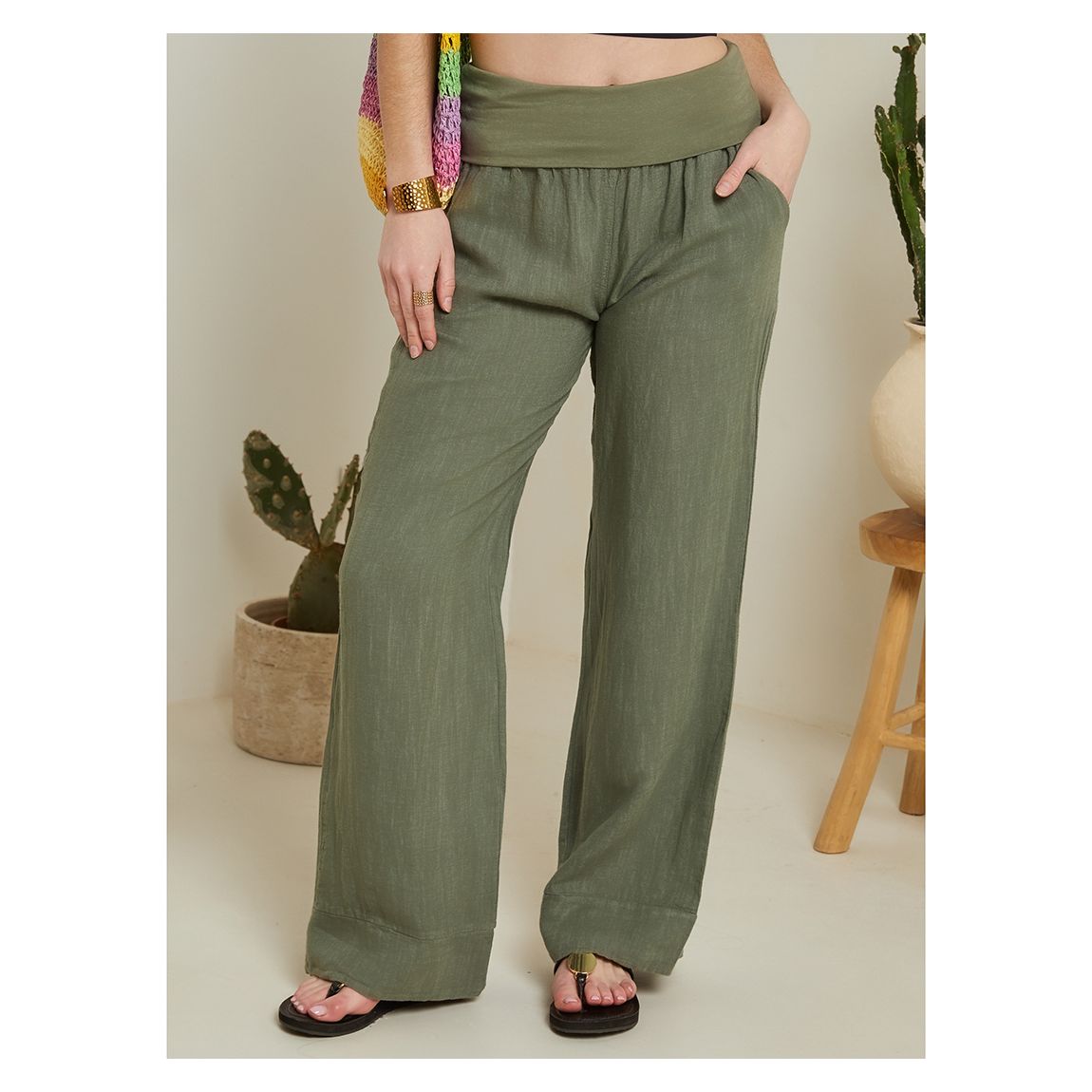 Khaki Wide Leg Linen Trouser main product photo