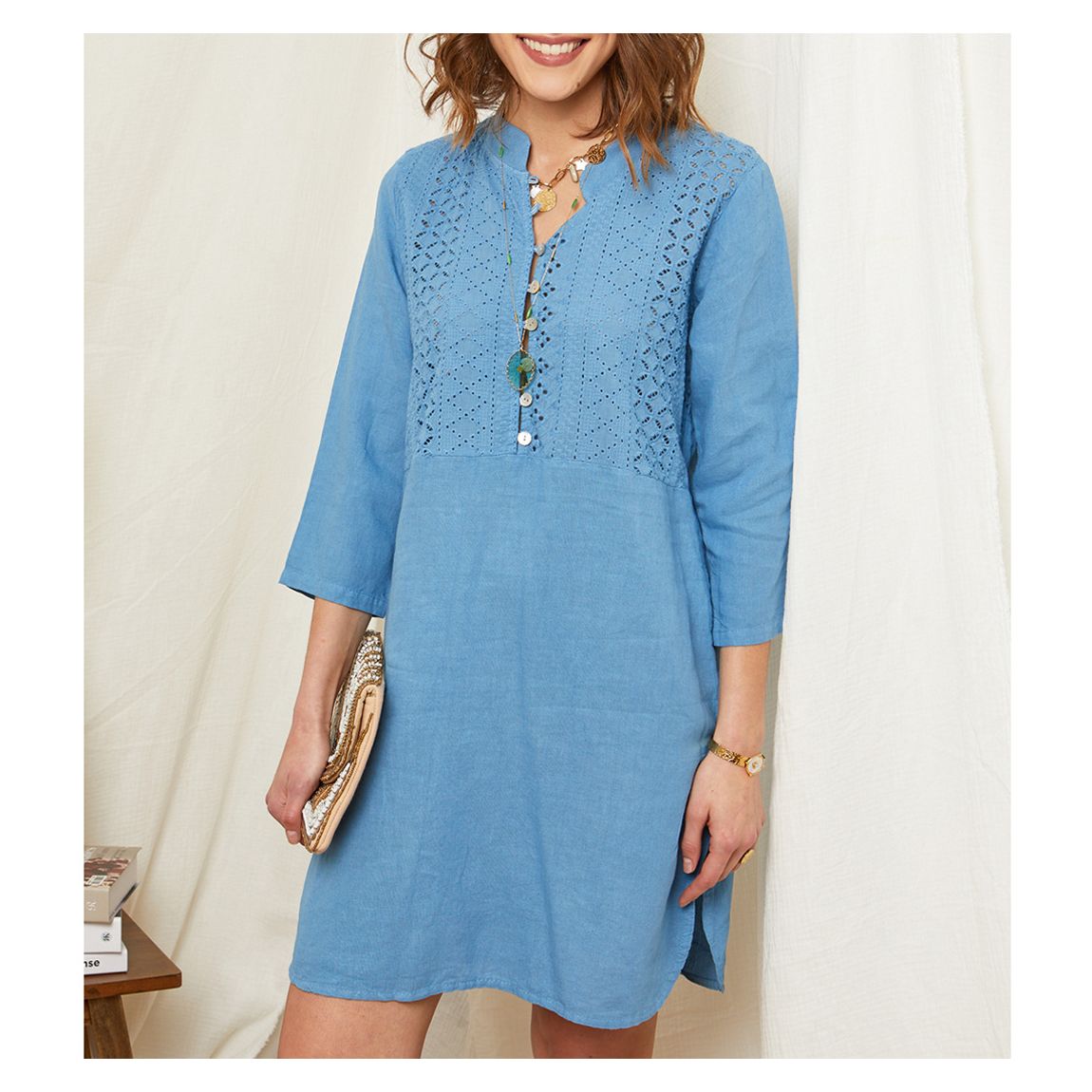 Blue Pattern Linen Mini Dress main product photo