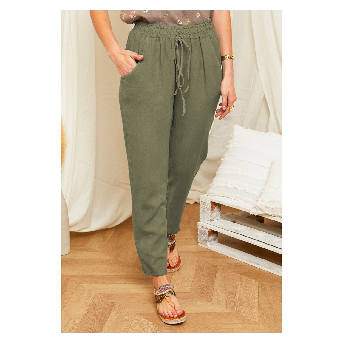 Khaki Draw String Linen Trouser main product photo