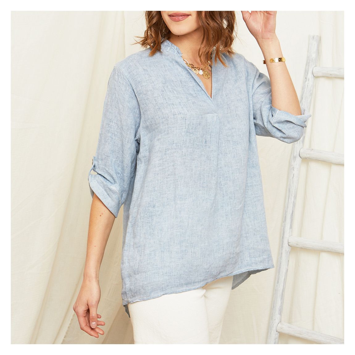 Blue V Neck Linen Blouse main product photo