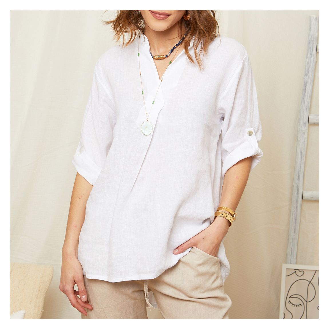 White V Neck Linen Blouse main product photo