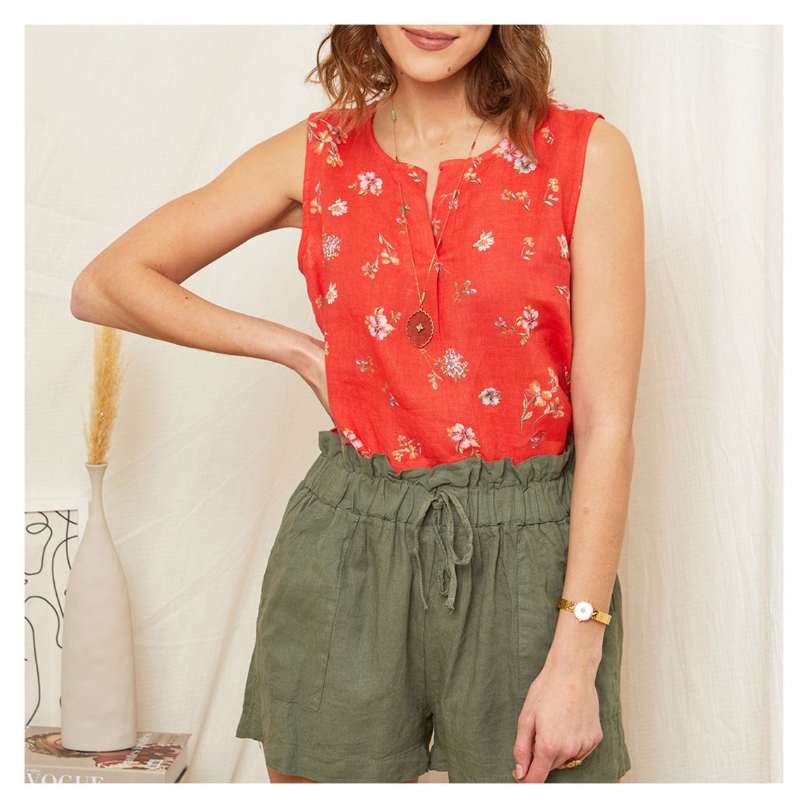Orange Floral Linen Top main product photo