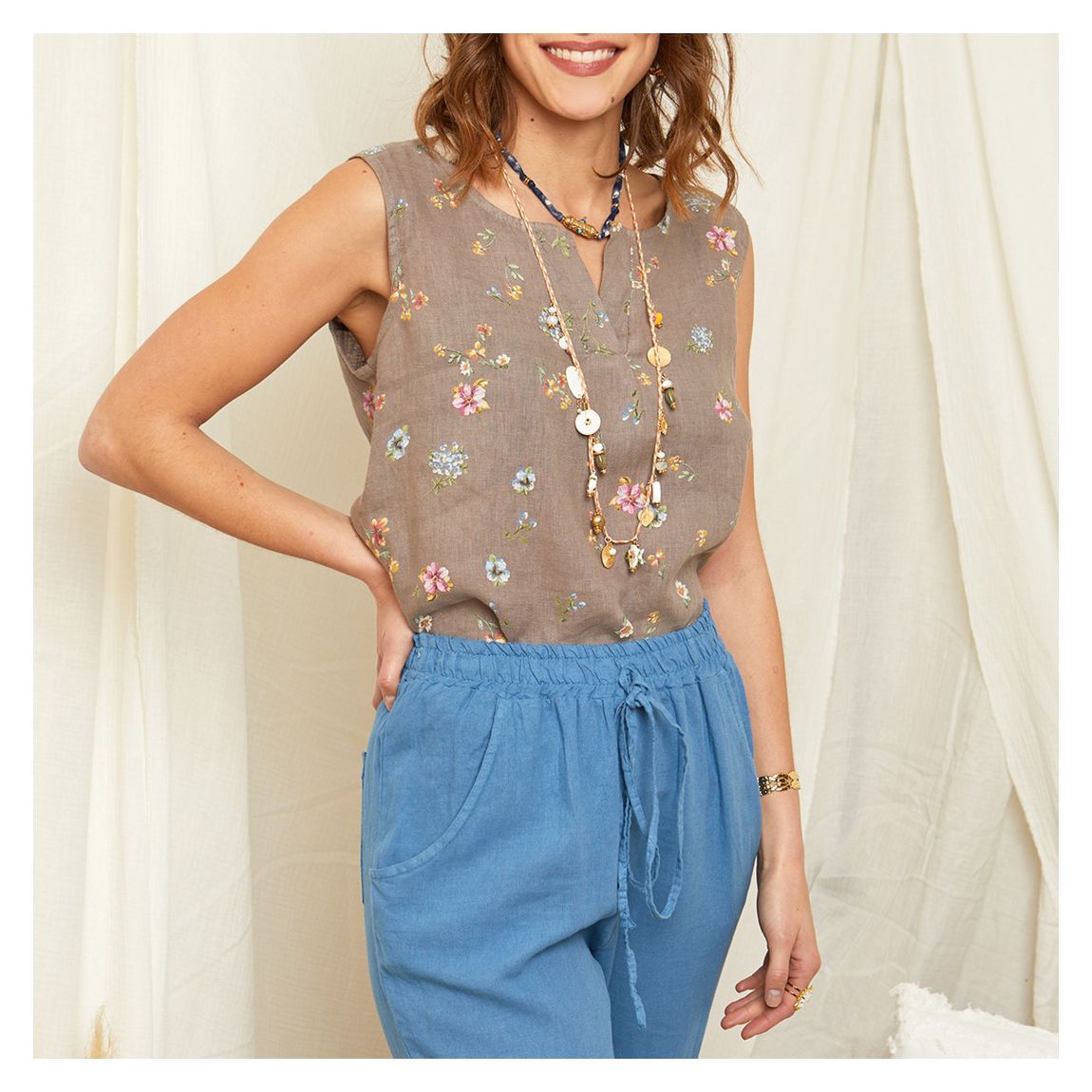Beige Linen Sleeveless Top main product photo